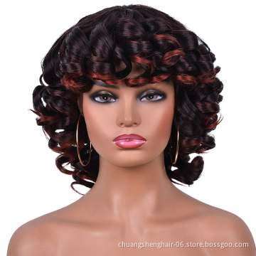 Wholesale african synthetic hair omber glueless cosplay high temperature short wigs wave curly wig with bangs for black women